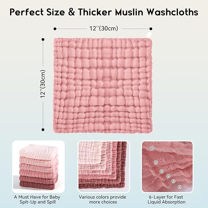 Unnivoll Muslin Baby Washcloths 6 Pack, 100% Cotton Wash Cloths for Babies, Large 12''X12'' Burp Cloths Absorbent and Soft for Newborn Infants Kids Boys Girls - Gradient Pink