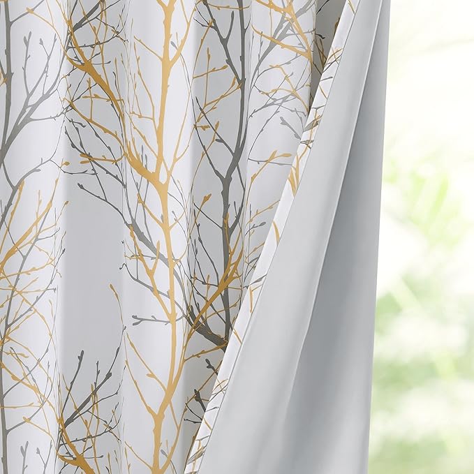 FMFUNCTEX 100% Blackout Curtains Yellow White Tree Liner Curtains for Bedroom, Branch Partterned Curtains 96 inch Length for Living Room, Room Darkening Thermal Insulated Drapes, Grommet Top 2 Panels