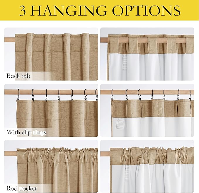 NICETOWN 100% Blackout Linen Curtains with Thermal Insulated White Liner, Camel, 52" Wide by 63" Long, 2 Pieces, Rod Pocket & Back Tab Linen Blend Privacy Window Treatments for Bedroom/Kids' Room