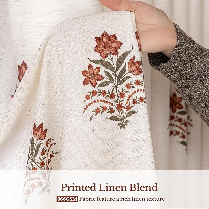 Pinch Pleated Curtains Light Filtering Red Floral Curtains for Living Room Bedroom Dining Room 120 Inches Luxury Linen Drapes Farmhouse Window Curtains with Hooks and Rings - 2 Panels Set, 40" x 120"