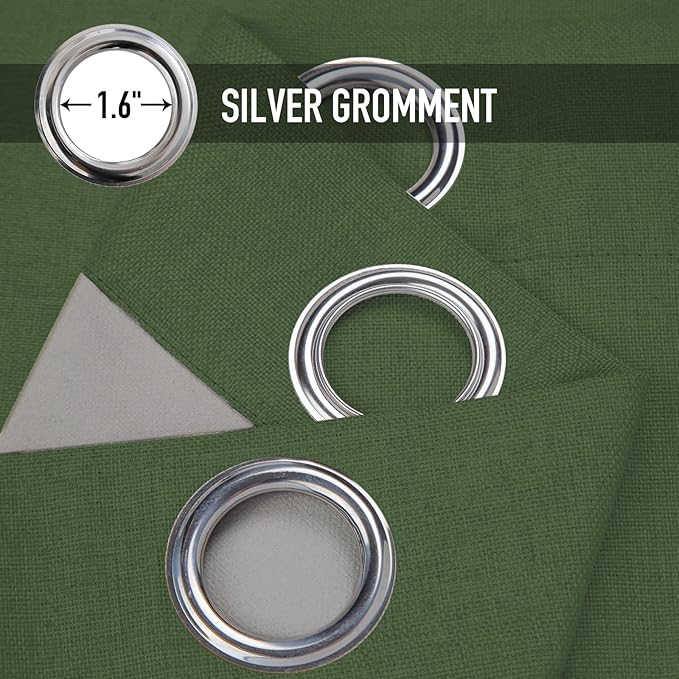 100% Blackout Shield Linen Blackout Curtains for Bedroom, Moss Green Grommet Curtains for Living Room, Thermal Insulated Room Darkening Drapes for Nursery, Boho Home Decor, 50" W x 72" L, 2 Panels