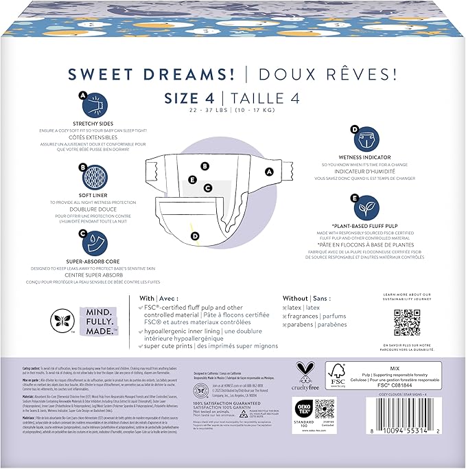 The Honest Company Comfort Dry Disposable Overnight Diapers for Sensitive Skin, Hypoallergenic, Baby Cozy Cloud and Star Signs Design Club Box Size 4 (22–37 lbs) 48 Count
