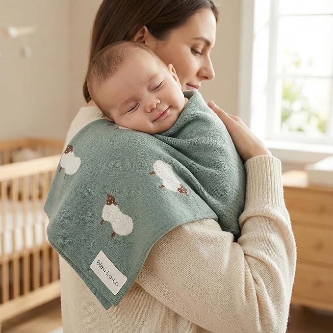 Knit Baby Swaddle Blanket - 100% Cotton Soft Cozy Receiving Swaddle Stroller Blanket for Shower Gift Registry for Newborns, Infants, Toddlers (Sheep - Pasture Green)