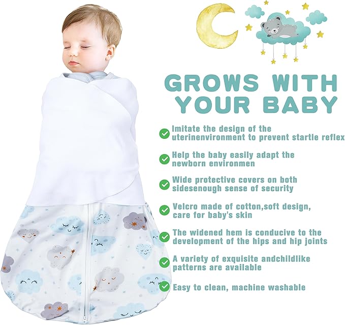 BSTOPPT Newborn Sleep Sack Baby Swaddle,6-12 Months,3-Way Adjustable Wearable Blanket,100% Rayon Cotton Swaddling sleeping bag，TOG 0.5（Clouds&Starry Sky）