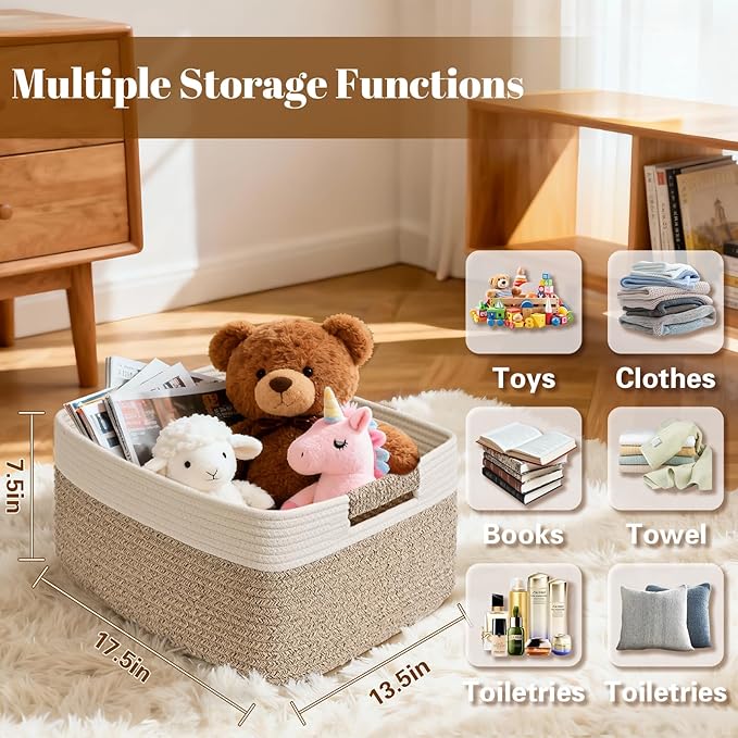 3 Pack Large Storage Basket for Organizing, 17.5"x13.5"x7.5" Woven Basket for Shelves, Closet Cube Storage Bins with Wrapped Handle, Cotton Rope Baskets for Kitchen, Clothes, Toys(Off White & Brown)