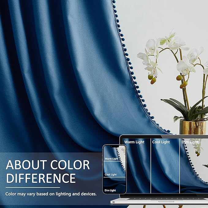 Pom Pom Curtains 90" Navy Royal Blue Blackout Curtains Bedroom Windows Drapes Triple Weave Thermal Insulated Curtain Panels for Men Boys Nursery Room Studio Hotel 52"w x2 Panels Rod Pocket