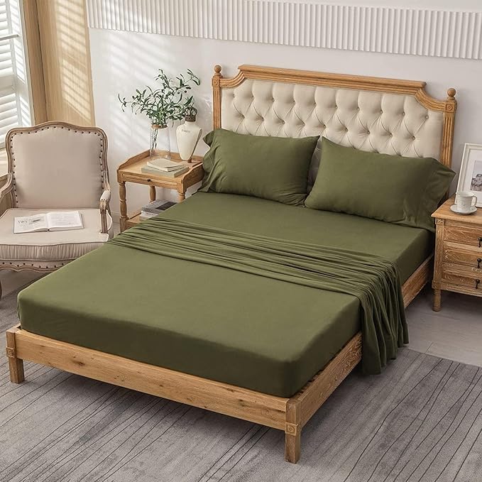 PURE ERA Jersey Knit 3pcs Bed Sheet Set 100% T-Shirt Cotton Super Soft Comfy Breathable Fits Mattress Up to 20" Extra Deep Pocket (Solid Olive Green, Twin XL)