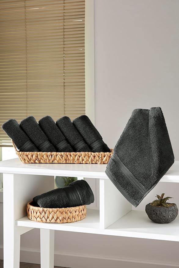 Ozdilek 6-Piece Washcloth Set 13x13 100% Turkish Cotton, 600 GSM, Soft, Gentle on Sensitive Skin, Multi-Purpose Use, Washable, Reusable, Ideal for Baby Care & Spa 6 Towels(Anthracite Gray)