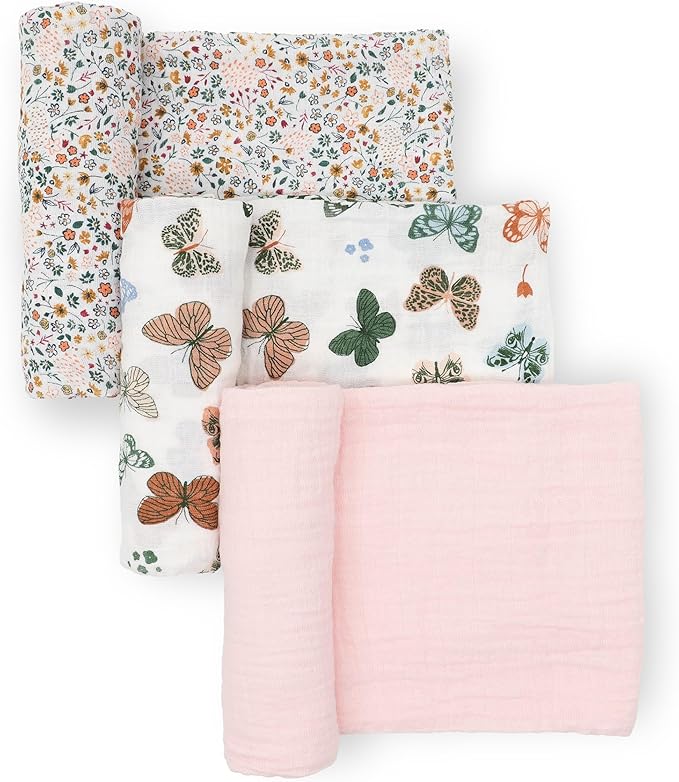 Little Unicorn Muslin Swaddle Blanket for Newborns & Infants | Soft & Breathable Fabric | Set of 3 Baby Blankets for Swaddling, Nursing, Shower Gifts (Butterflies)