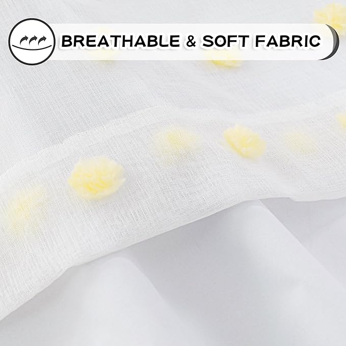 MYSKY HOME 100% Blackout Curtains for Nursery Thermal Insulated Yellow Pom Pom Curtains 63 Inch Length for Girls Bedroom 2 Panels Grommet White Sheer Curtains for Dining Room, 52W x 63L