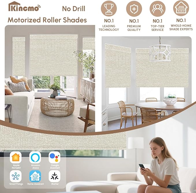 Kincmo No Drill Motorized Blinds with Remote, 100% Blackout Roller Shades for Windows, Custom Electric Blinds Compatible with Alexa, Apple Homekit, Google Home (100% Blackout Starscape Cream)