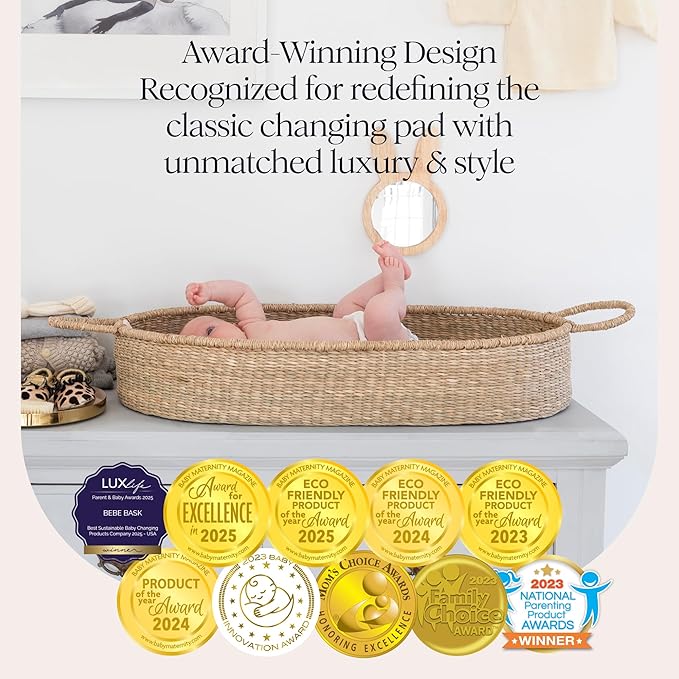 BEBE BASK Premium Baby Changing Basket - Artisan-Crafted Seagrass With Extra High Sides - Changing Basket for Baby Dresser - All Accessories Included - Complete Set for Nursery (Natural)
