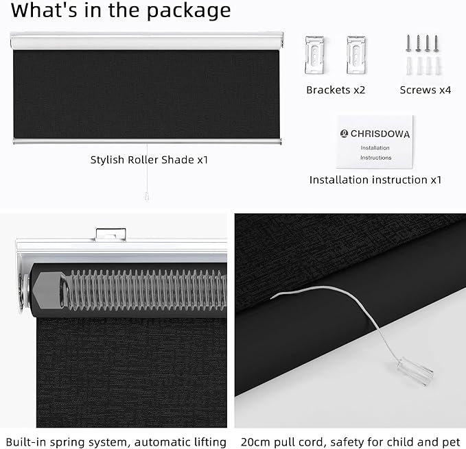 ChrisDowa Cordless Blackout Roller Shade with Spring System Room Darkening UV Protection Jacquard Fabric Blackout Blinds for Indoor Window Shades Pull Down for Home and Office, Black, 45" W x 72" H