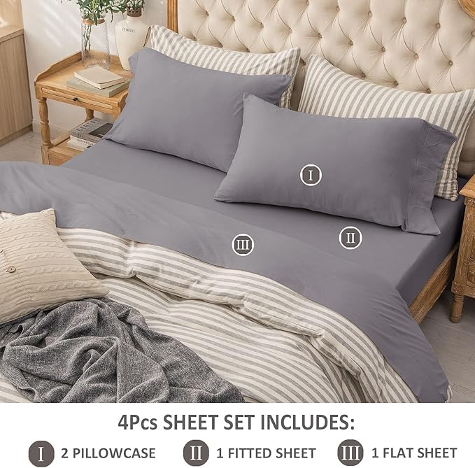 PURE ERA Jersey Knit 4pc Bed Sheet Set 100% T-Shirt Cotton Super Soft Comfy Breathable Fits Mattress Up to 20" Extra Deep Pocket (Solid Grey Purple, Queen)