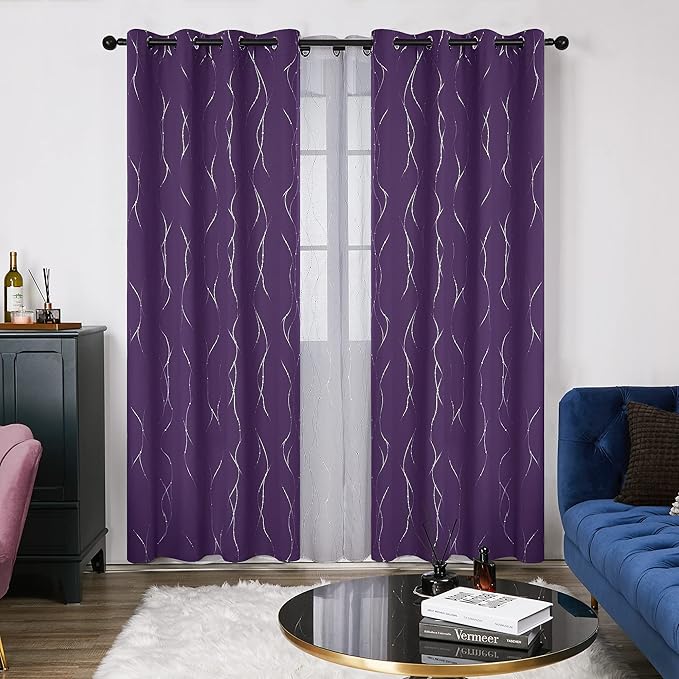 Deconovo Blackout Curtains 95 Inches Long, Purple Blackout Curtain with Silver Wave Dots Print Pattern, Thermal Insulated Soundproof Drapes for Sliding Glass Door Patio Living Room Bedroom, Set of 2