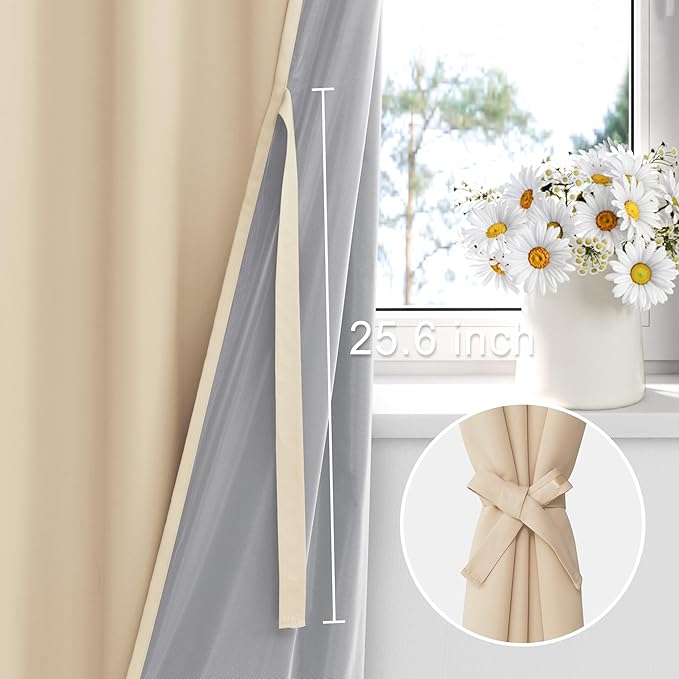 XWZO Total Blackout Curtains with Tiebacks - Rod Pocket & Back Tab Thermal Insulated Noise Reducing Heat Blocking Drapes for Hall and Studio Windows, Biscotti Beige, W42 x L84 Inches Long, Set of 2