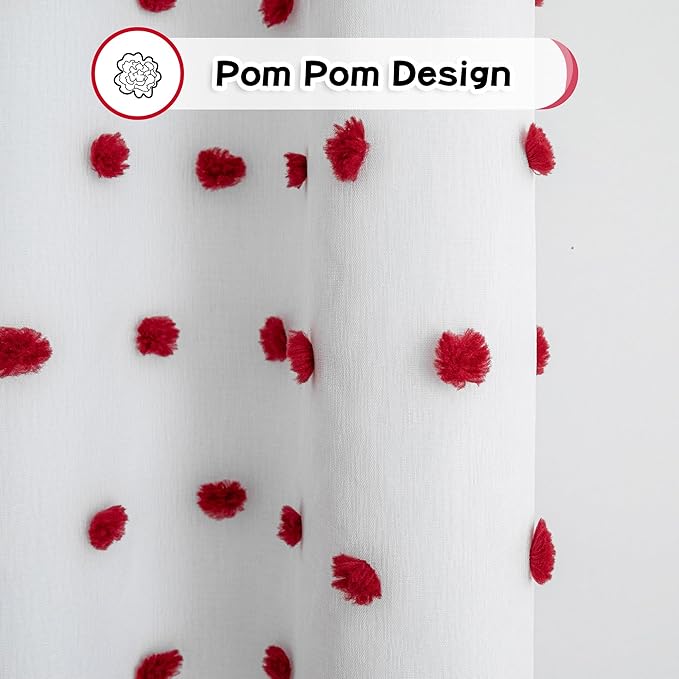 MYSKY HOME Blackout Curtains for Girls Bedroom with Red Pom Pom Sheer 90 Inch Long Total Light Blocking Curtains for Living Room 2 Panels 100% Room Darkening Grommet Double Layer Drapes 52" x 90"