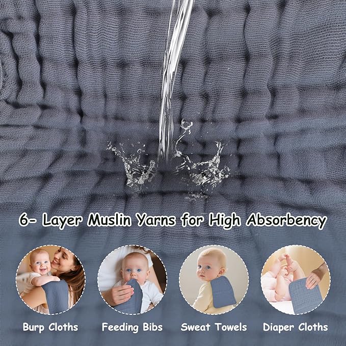 TDHD Muslin Solid Burp Cloths 100% Cotton Large 18''x10'' Extra Soft and Absorbent Multifunctional 6 Pack Baby Burping Cloth for Unisex Boys Girls (Fog Blue)