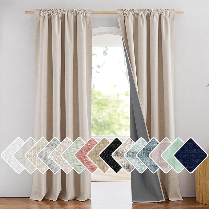 NICETOWN Cream 100% Blackout Linen Curtains for Bedroom 84 inches Long, Farmhouse Thick Linen Blend Window Treatments Thermal Insulated Drapes for Apartment Living Room (1 Pair, 52" Width per Panel)