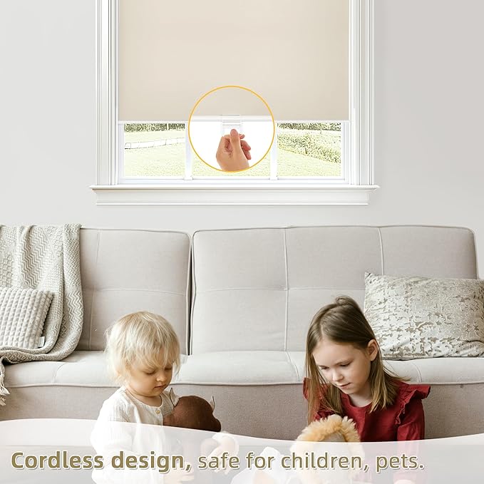 ChrisDowa Cordless Blackout Roller Shades for Windows, Thermal Insulated UV Protection Pull Down Shades, Total Blackout Window Blinds for Home, Office, Bedroom, Door (44" W x 72" H, Beige)
