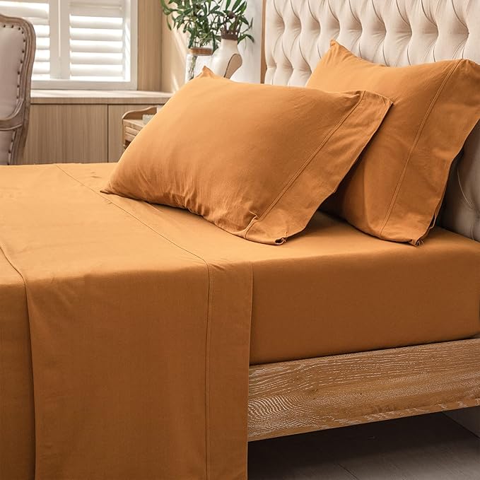 PURE ERA Jersey Knit 4pc Bed Sheet Set 100% T-Shirt Heather Cotton Super Soft Comfy Breathable Fits Mattress Up to 20" Extra Deep Pocket (Solid Burnt Orange, Full)