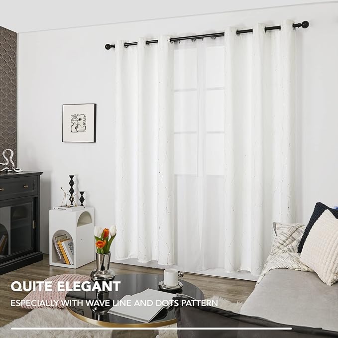 Deconovo White Curtains 84 Inches Long, Room Darkening Curtain, Thermal Insulated Soundproof Drapes, Wave Dots Silver Print, Grommet Top, Window Panels for Living Room Bedroom Nursery Office, Set of 2