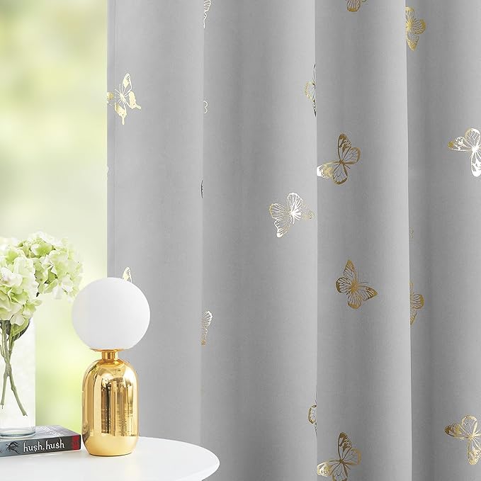 Jubilantex Butterfly Grey Blackout Curtain Panels 84 Inch Long 2 Panels for Nursery Kids Room, Floral Gold Foil Print Drapery 90% Blackout Room Darkening Grommet Drapes for Living Room,Gray