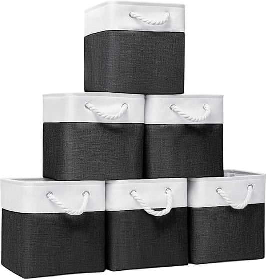 Cube Storage Bins, Collapsible Fabric Storage Cubes Bins, 11 Inch Cube Storage Bins with Handles, Foldable Storage Cubes (White/Black, 6Pack)
