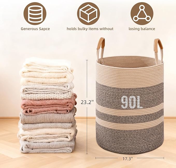 90L Striped Laundry Basket, Dark Brown Laundry Hamper with Leather Handles, Woven Cotton Rope Storage Bin for Blankets, Nursery Hamper for Clothes, Toys In Bathroom, Livingroom, Bedroom