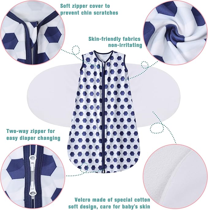 BSTOPPT Newborn Sleep Sack Baby Swaddle,3-Way Adjustable Wearable Blanket,100% Rayon Cotton Swaddling Sleeping Bag，TOG 0.5 (Soccer & Triangles, 6-12 Months)