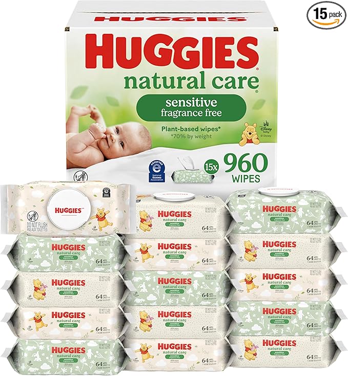 Huggies Natural Care Sensitive Baby Wipes, Unscented, Hypoallergenic, 99% Purified Water, 15 Flip-Top Packs (960 Wipes Total)