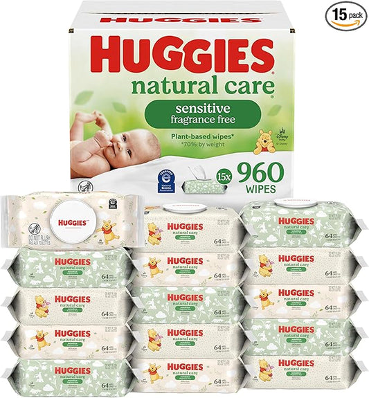 Huggies Natural Care Sensitive Baby Wipes, Unscented, Hypoallergenic, 99% Purified Water, 15 Flip-Top Packs (960 Wipes Total)