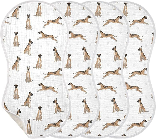 Qinllo 4 Pack Muslin Burp Cloths Great Dane Dog White Cotton Baby Burp Cloths Absorbent Burping Cloth Soft Spit Up Rags for Newborn Baby Boys Girls 22x11 Inch