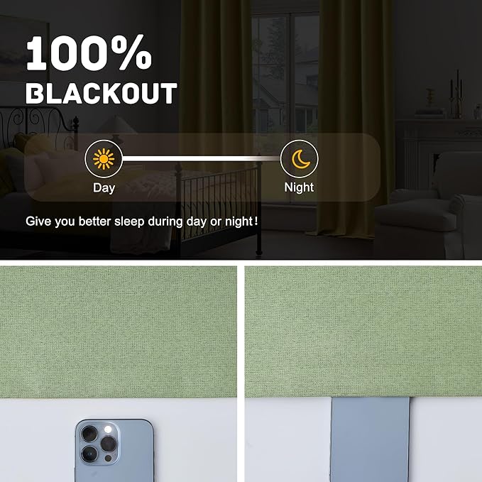 100% Blackout Linen Textured Curtains 120 Inch Length 2 Panels Set for Living Room, Bedroom, Light Weight Curtains with Grommets Top, Full Blackout Curtains Privacy Protection, Green, 52" W x 120" L