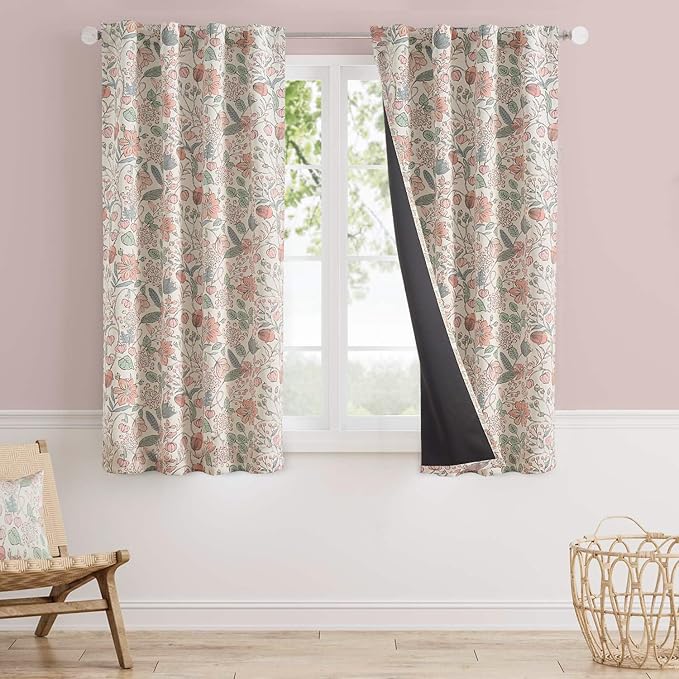 Vangao Pink Nursery Curtains for Girls Room Easter Floral 100% Blackout Curtains 63 Inch Length Farmhouse Drapes for Bedroom Room Darkening Flower Patterned Window Treatment for Kids Set of 2
