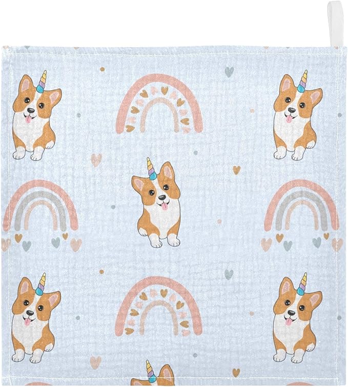 vvfelixl Corgi Hearts Rainbows Baby Burp Cloths Baby Muslin Washcloths for Boys Girls Cotton Baby Face Towel for Newborn Infants Soft and Absorbent 11.8 X 11.8 in, 5 Pack