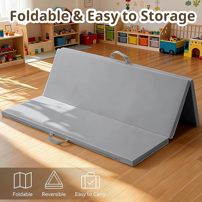 Baby Play Mat, 48 x 48 Inch Foldable PU Leather Waterproof Playpen Mat, 1.6" Extra Thick Foam Floor Mat for Infants and Toddlers, Non-slip Toddler Activity Playmat Cushion, Light Grey