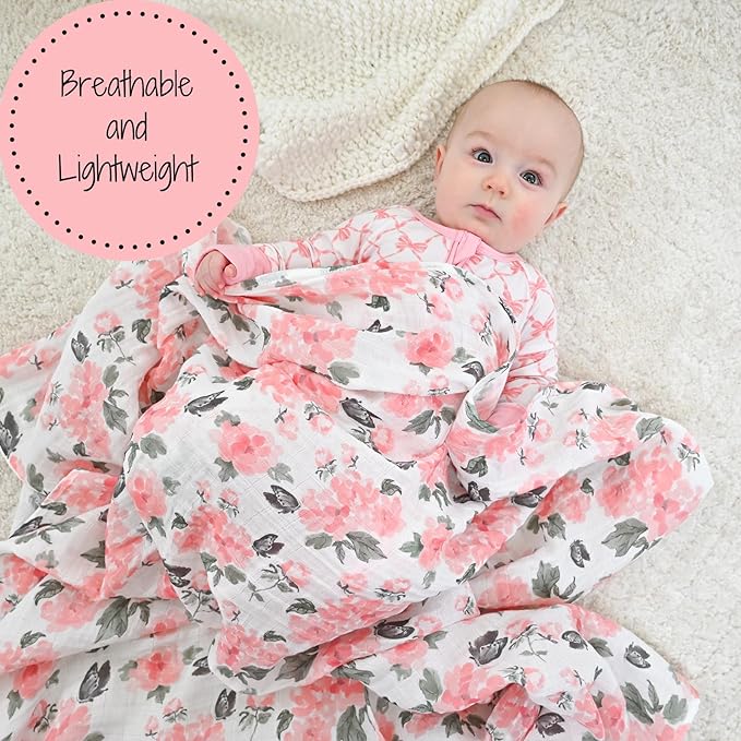LollyBanks Muslin Swaddle Blankets for Girls, Large 47 x 47 Inches Soft Swaddles for Newborns, 100% Cotton Breathable and Lightweight Baby Blanket, Baby Essentials, Registry (Pink Peony Print)