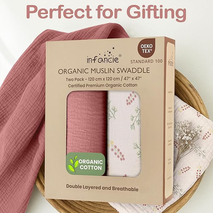 100% Organic Cotton Muslin Baby Blanket - 47x47 Inch Breathable Swaddle, Hypoallergenic Double-Layer, Versatile Use (Pink Floral, 47x47 Inch)