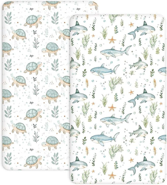 Crib Sheets for Boys and Girls, 2 Pack Fitted Baby Sheets for Standard Toddler Mattress 28" x 52", Soft Breathable Jersey Knit Baby Bedding (Turtle & Shark)