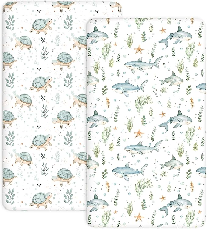 Pack and Play Sheets 2 Pack, Fitted Jersey Knit Mini Crib Sheets for Baby Boys and Girls, Compatible with Graco Pack N Play and Mini Crib Mattress (Turtle & Shark, Pack N Play/Mini Crib Sheets)