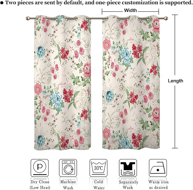 Renaiss Boho Flower Blackout Curtains Wild Blue Pink Floral Thermal Insulated Window Drapes for Bedroom 29W x 55L inches 2 Panel Set Beige Window Curtain Panels for Kitchen