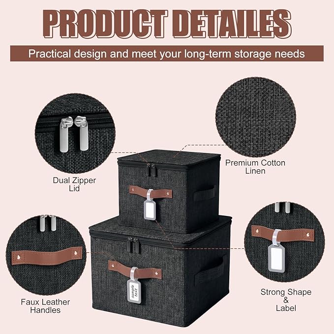 6 Pack Fabric Closet Storage Bins with Zipper Lids and Label, 15x10x10In Large Size Foldable Cotton Linen Storage Cubes Boxes with PU Leather Handles Holder for Bedroom, Shelf, Nursery, Black