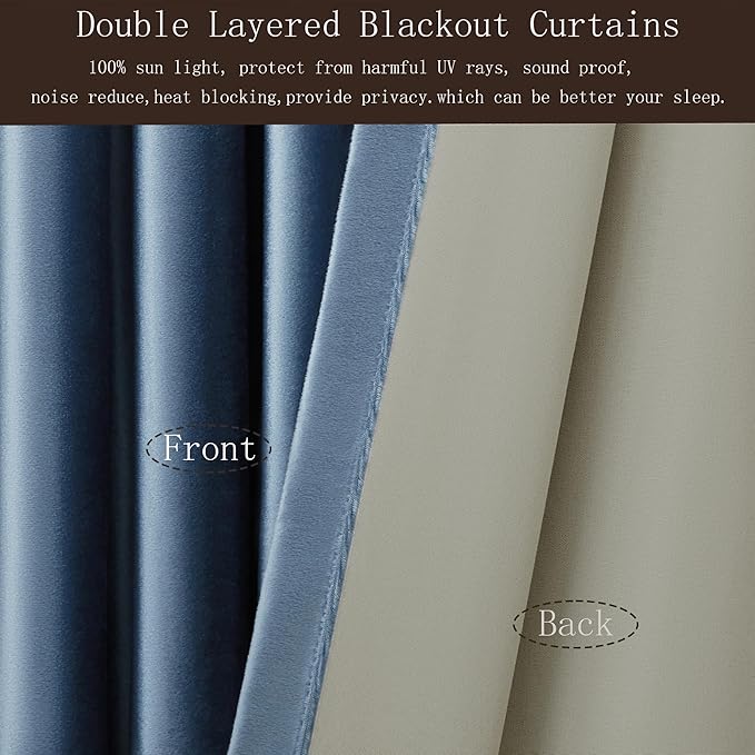 PRIMROSE Full Blackout Velvet Curtains 102 inch Long for Living Room,2 Panles Stone Grayish Blue Liner Rod Pocket Back Tab Thermal Window Curtains Room Darkening Curtain Drapes for Bedroom