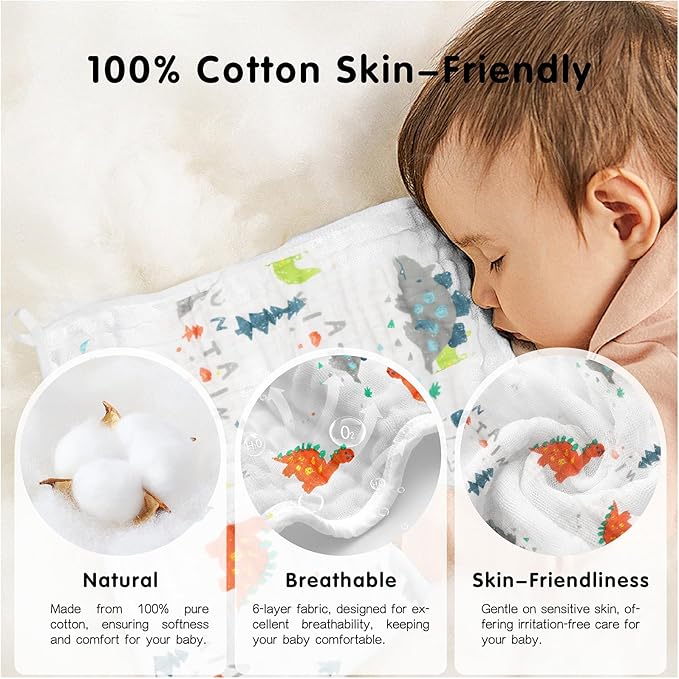 THSAM Muslin Burp Cloths 100% Cotton 20''x10'' Hand Washcloths for Baby, Super Soft and Absorbent 6 Layers Baby Burping Cloth for Boys Girls (Dinosaur & Animals, 6 Pack)