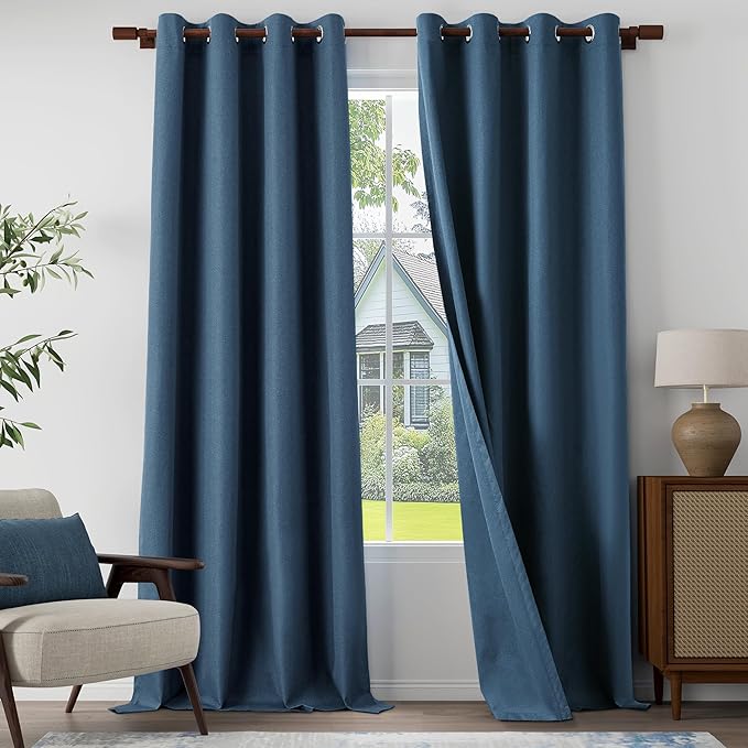 100% Blackout Linen Textured Curtains for Living Room, Bedroom, Light Weight Curtains with Grommets Top, Full Blackout Curtains Privacy Protection, Dark Blue, 52" W x 108" L, 2 Panels