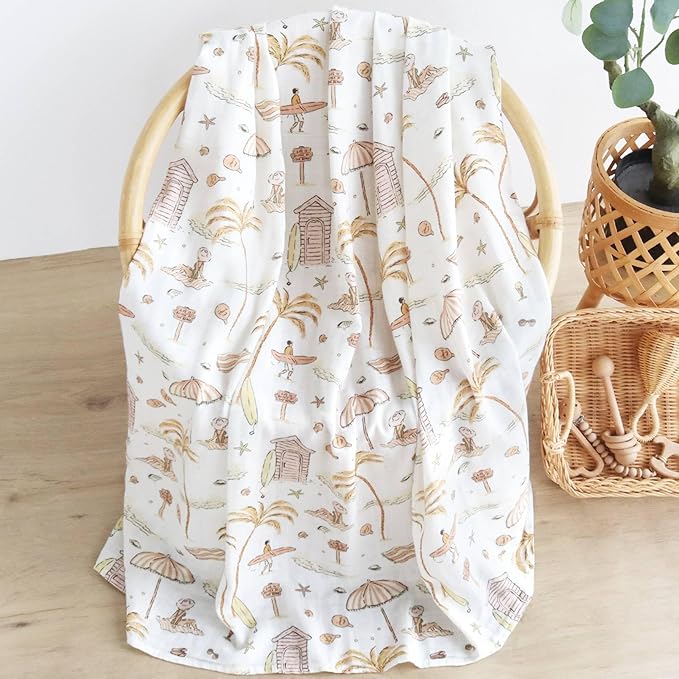 LifeTree Baby Swaddle Blanket, 70% Viscose from Bamboo and 30% Cotton Muslin Swaddles Blankets Boys Girls, Swaddling Blanket for Newborn, Super Soft Large 47" x 47", Yellow Sandy Beach