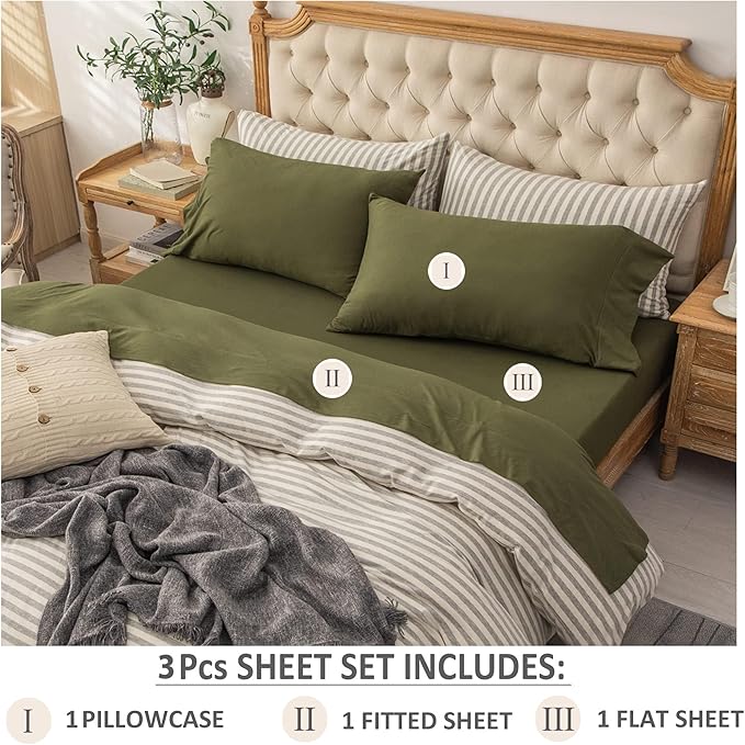 PURE ERA Jersey Knit 3pcs Bed Sheet Set 100% T-Shirt Cotton Super Soft Comfy Breathable Fits Mattress Up to 20" Extra Deep Pocket (Solid Olive Green, Twin XL)