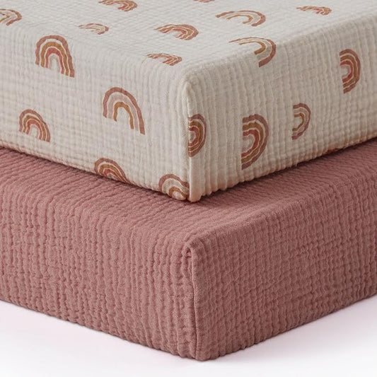 Blissful Diary Muslin Crib Sheets for Girl Boy, Boho Neutral Soft Cotton Baby Sheet for 52''x28'' Standard Crib Mattress, 2 Pack(Dusty Pink&Rainbow)