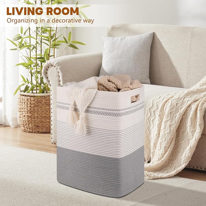 Laundry Basket, Large Woven Rope Tall Laundry Basket with Handles, Decorative Storage Basket for Clothes and Blankets in Living room, Bedroom